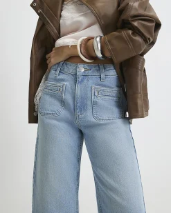 Blue High Waisted Wide Leg Cropped Jeans