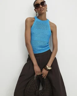Blue Knitted Cotton Blend Sequin Vest Top