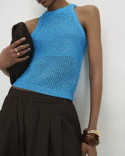 Blue Knitted Cotton Blend Sequin Vest Top