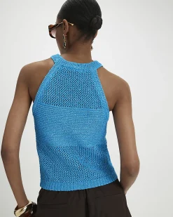 Blue Knitted Cotton Blend Sequin Vest Top