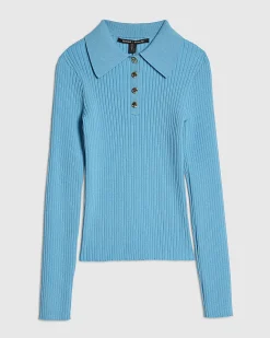Blue Knitted Long Sleeve Polo Top