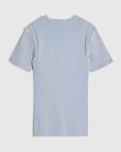 Blue Knitted Short Sleeve Frill Top