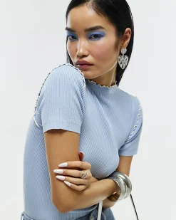Blue Knitted Short Sleeve Frill Top