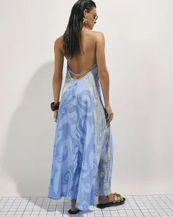 Blue La Mer Palm Print Halter Maxi Dress