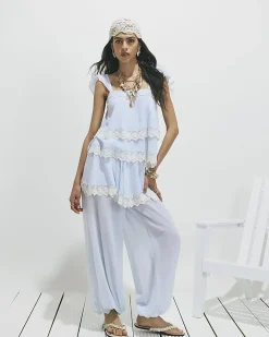 Blue Lace Trim Balloon Leg Trousers
