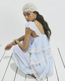 Blue Lace Trim Balloon Leg Trousers