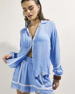 Blue Lace Trim Embellished Beach Shirt