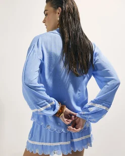 Blue Lace Trim Embellished Beach Shirt