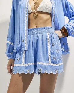 Blue Lace Trim Embellished Beach Shorts