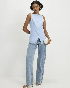 Blue Lace Trim High Neck Waistcoat