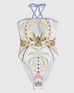 Blue Leaf Print Bandeau Swimsuit