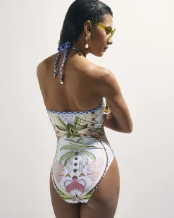Blue Leaf Print Bandeau Swimsuit