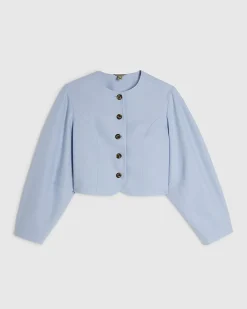 Blue Linen Blend Balloon Sleeve Jacket