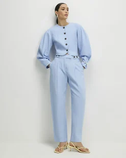 Blue Linen Blend Balloon Sleeve Jacket