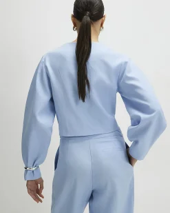 Blue Linen Blend Balloon Sleeve Jacket
