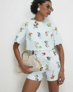 Blue Linen Blend Floral Tailored Shorts