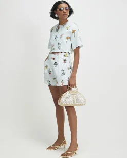 Blue Linen Blend Floral Tailored Shorts