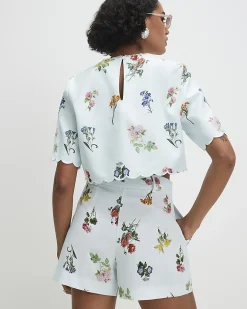 Blue Linen Blend Floral Tailored Shorts