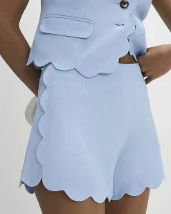 Blue Linen Blend Scallop Trim Shorts