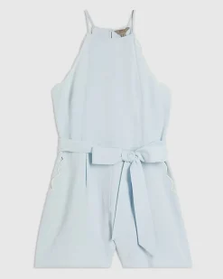 Blue Linen Blend Scallop Trim Playsuit