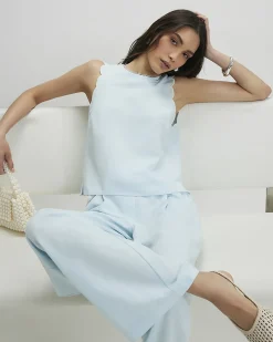 Blue Linen Blend Scallop Trim Tank Top