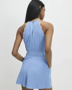 Blue Linen Blend Scallop Playsuit