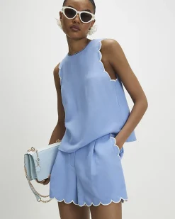 Blue Linen Blend Scallop Trim Shorts