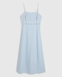 Blue Linen Blend Scallop Trim Midi Dress