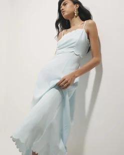 Blue Linen Blend Scallop Trim Midi Dress