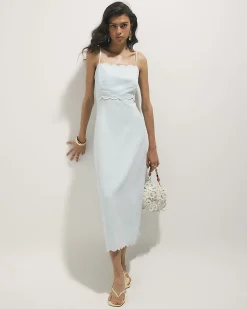 Blue Linen Blend Scallop Trim Midi Dress