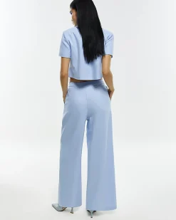 Blue Linen Blend Scallop Wide Leg Trousers