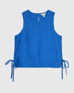 Blue Linen Blend Sleeveless Tie Side Tank Top