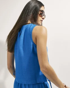 Blue Linen Blend Sleeveless Tie Side Tank Top