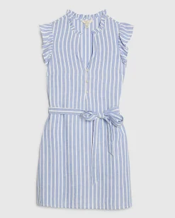 Blue Linen Blend Stripe Belted Dress
