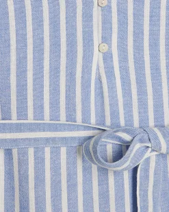 Blue Linen Blend Stripe Belted Dress