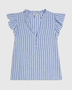 Blue Linen Blend Stripe Frill Blouse