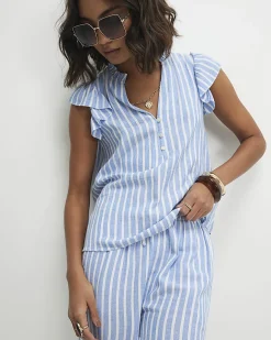 Blue Linen Blend Stripe Frill Blouse