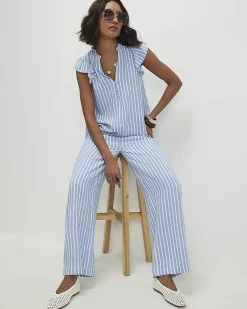 Blue Linen Blend Stripe Frill Blouse