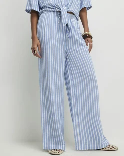 Blue Linen Blend Stripe Trousers