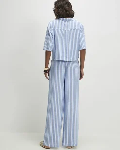 Blue Linen Blend Stripe Trousers