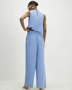 Blue Linen Blend Wide Leg Trousers