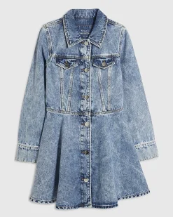 Blue Long Sleeve Denim Mini Shirt Dress