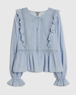 Blue Long Sleeve Lace Insert Blouse
