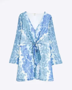 Blue Long Sleeve Tie Front Paisley Mini Dress
