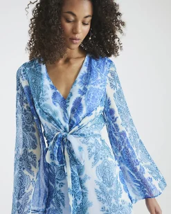 Blue Long Sleeve Tie Front Paisley Mini Dress