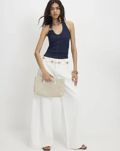 Blue Metal Ring Halter Neck Denim Top