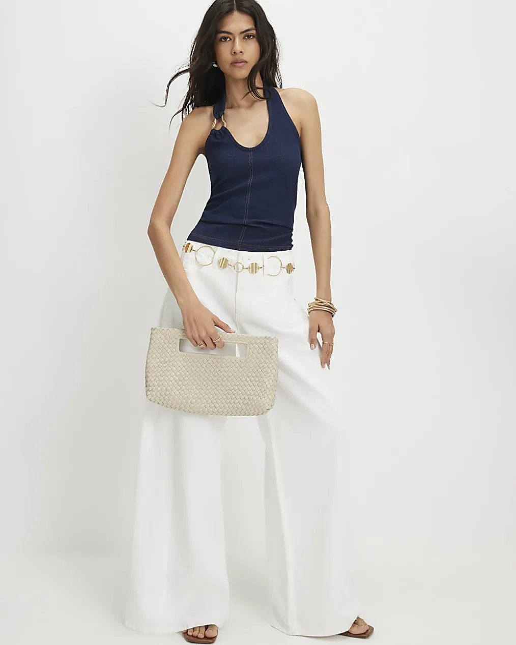 Blue Metal Ring Halter Neck Denim Top