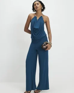 Blue Metal Trim Cowl Neck Jumpsuit