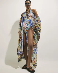 Blue Metallic Abstract Print Plunge Swimsuit