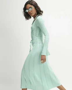 Blue Metallic Flare Knitted Midi Dress
